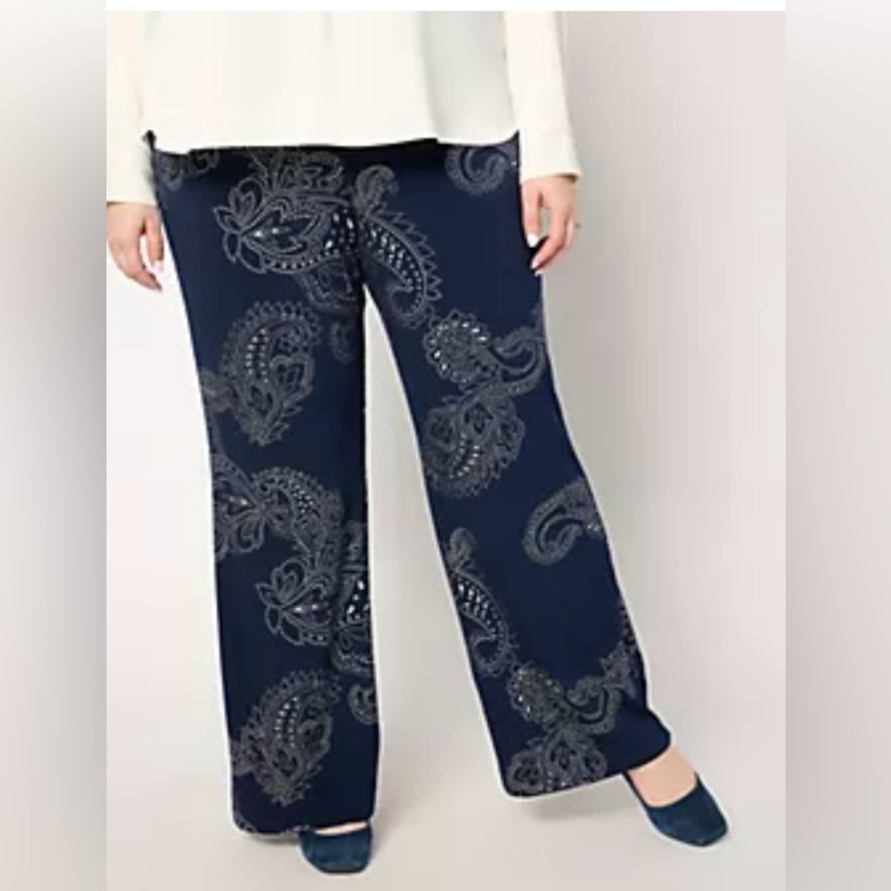 NWOT Susan Graver Liquid Knit Fusion Metallic Gold Foil Print Pants Sz 2x - Picture 2 of 5